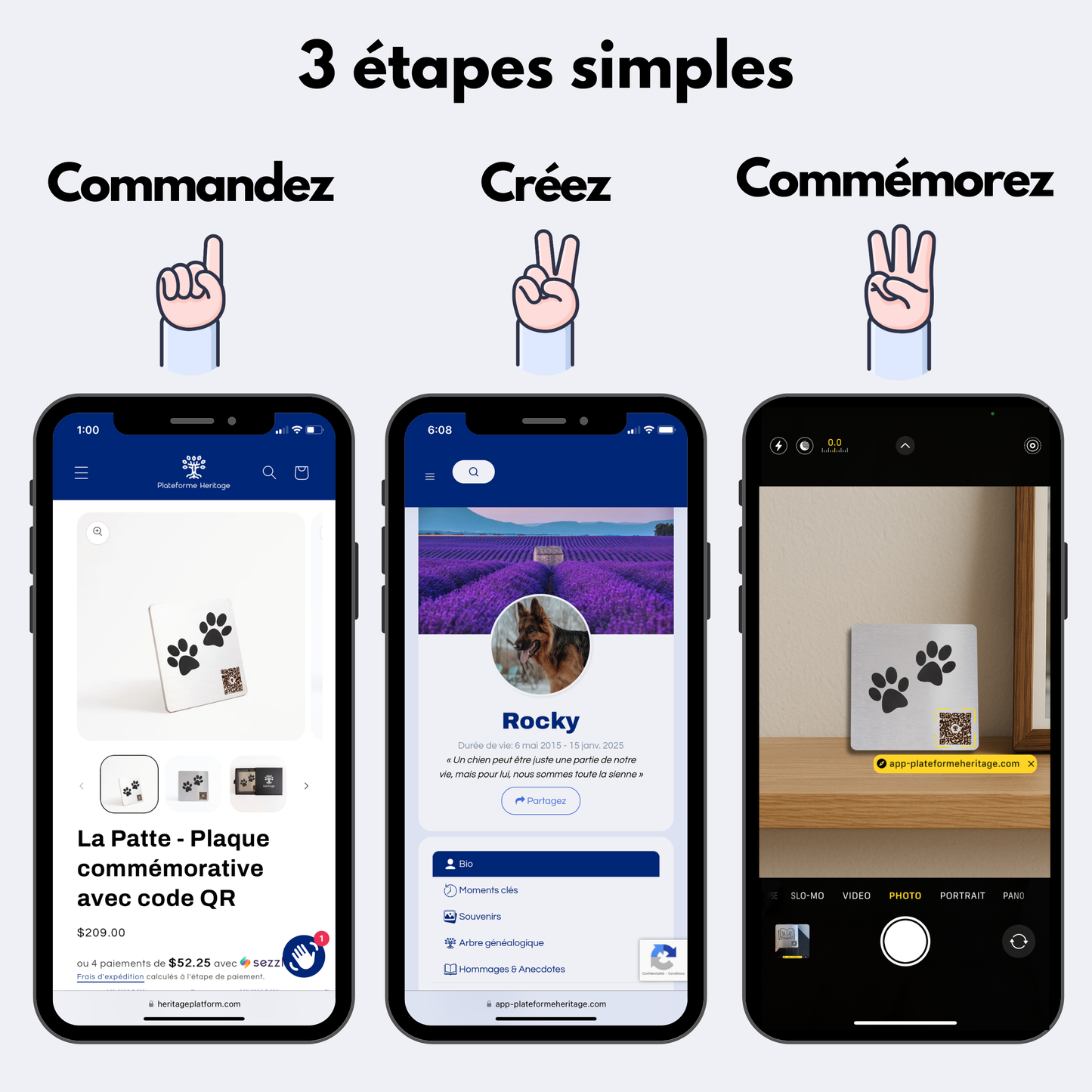 Infographie en 3 étapes simples pour commémorer un animal : commande d'une plaque funéraire avec code QR, création du profil en ligne, puis scan du code pour accéder aux souvenirs.