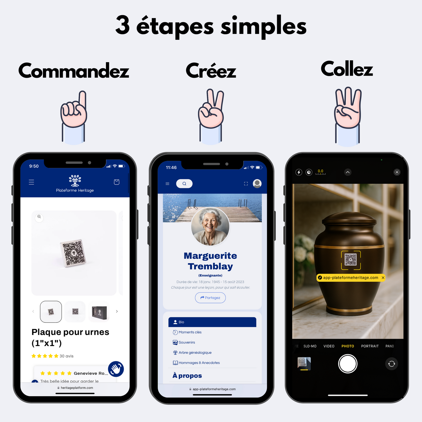 Trois étapes simples pour utiliser la plaque QR Heritage : commandez en ligne, créez un profil hommage numérique, puis collez la plaque sur l’urne ou la pierre tombale.