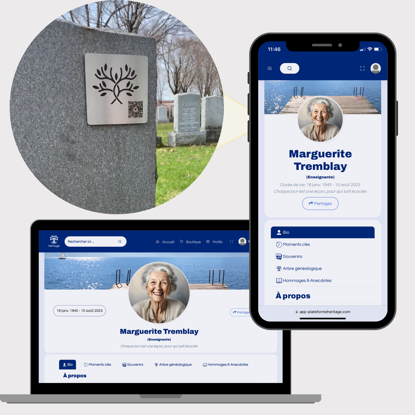 Plaque commémorative avec code QR fixée sur pierre tombale et un exemple de profil numérique consultable sur ordinateur et mobile.