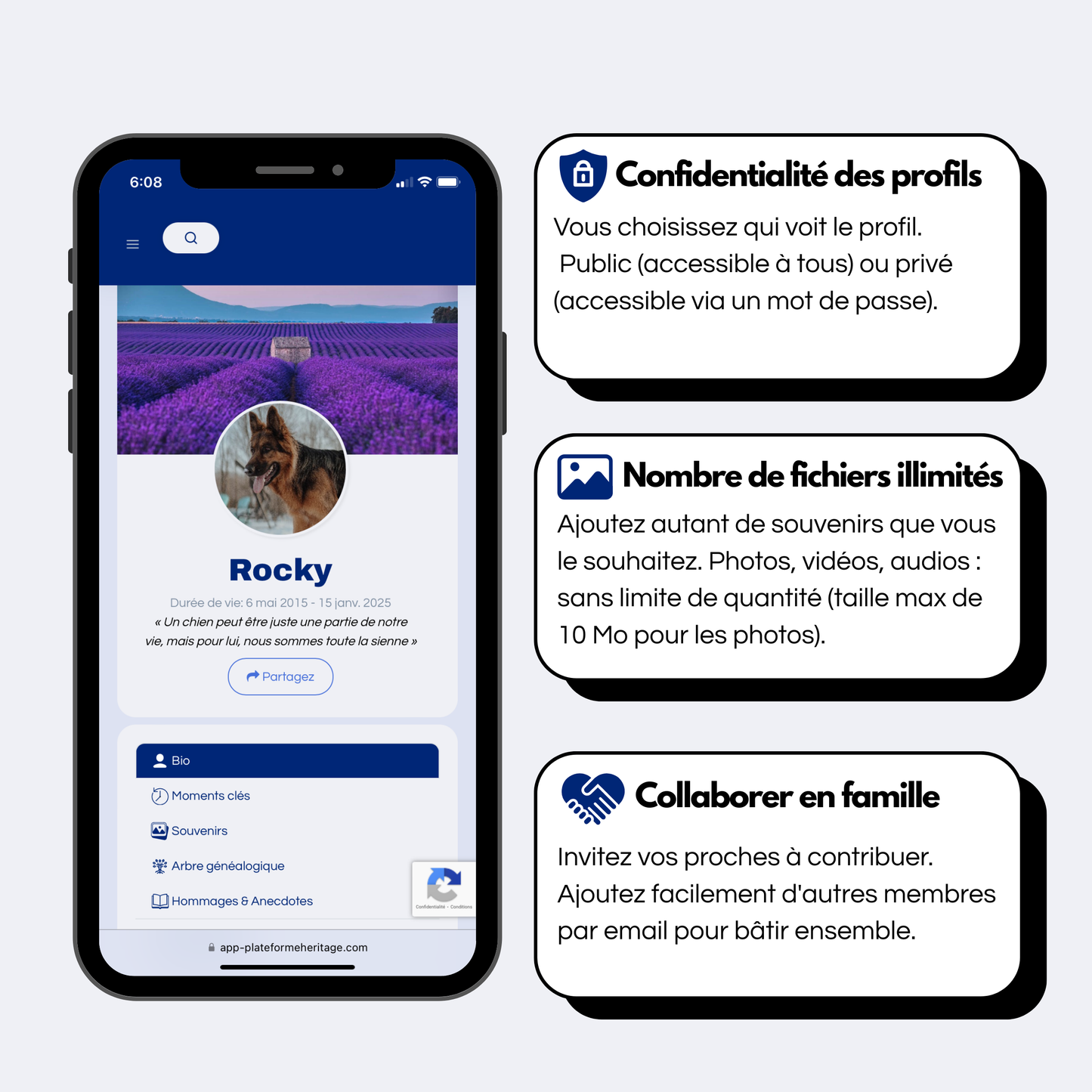 Profil souvenir d’animal sur la Plateforme Heritage affiché sur un téléphone mobile, mettant en avant la confidentialité, le nombre illimité de fichiers (photos, vidéos, audios) et la collaboration familiale.