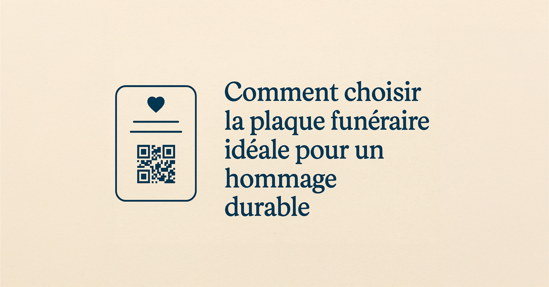 Image avec fond texturé beige, plaque commémorative illustrée et texte : « Comment choisir la plaque funéraire idéale pour un hommage durable ».