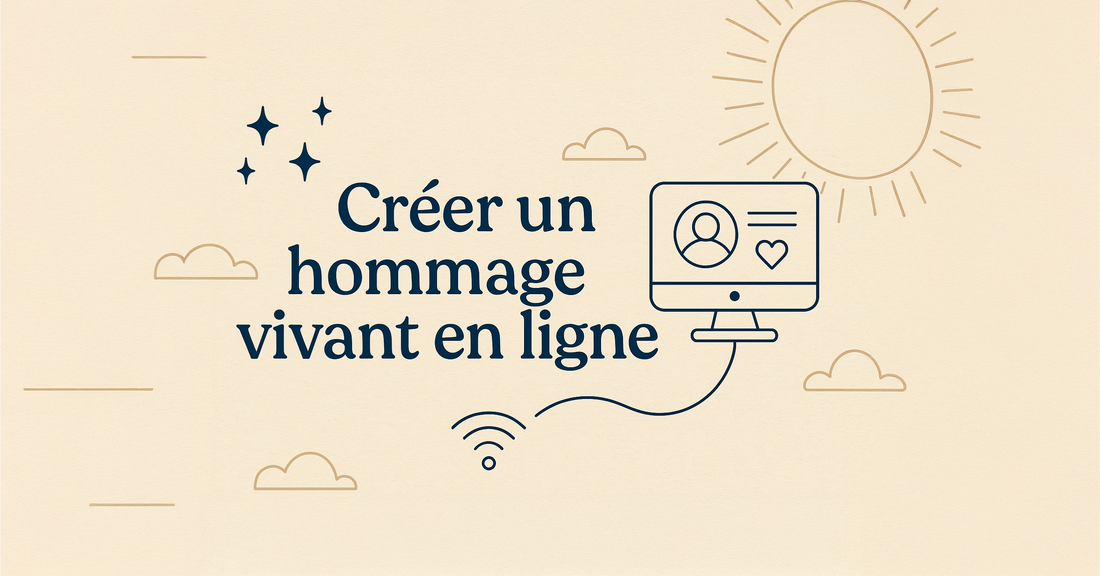 Illustration douce et moderne avec écran, ciel lumineux et silhouettes, accompagnée du texte « Créer un hommage vivant en ligne ».