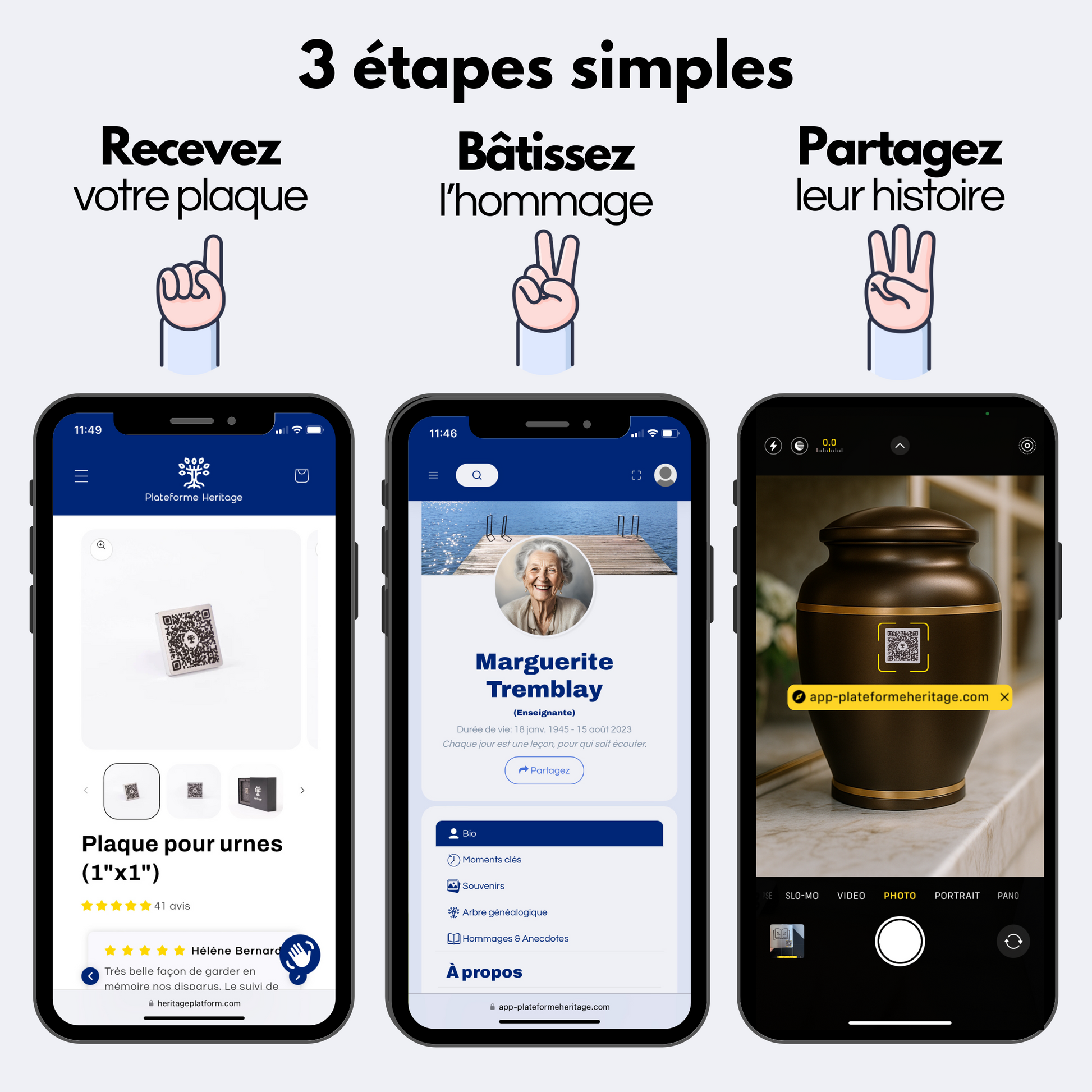 Trois étapes simples pour utiliser la plaque QR Heritage : commandez en ligne, créez un profil hommage numérique, puis collez la plaque sur l’urne ou la pierre tombale.