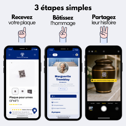 Trois étapes simples pour utiliser la plaque QR Heritage : commandez en ligne, créez un profil hommage numérique, puis collez la plaque sur l’urne ou la pierre tombale.