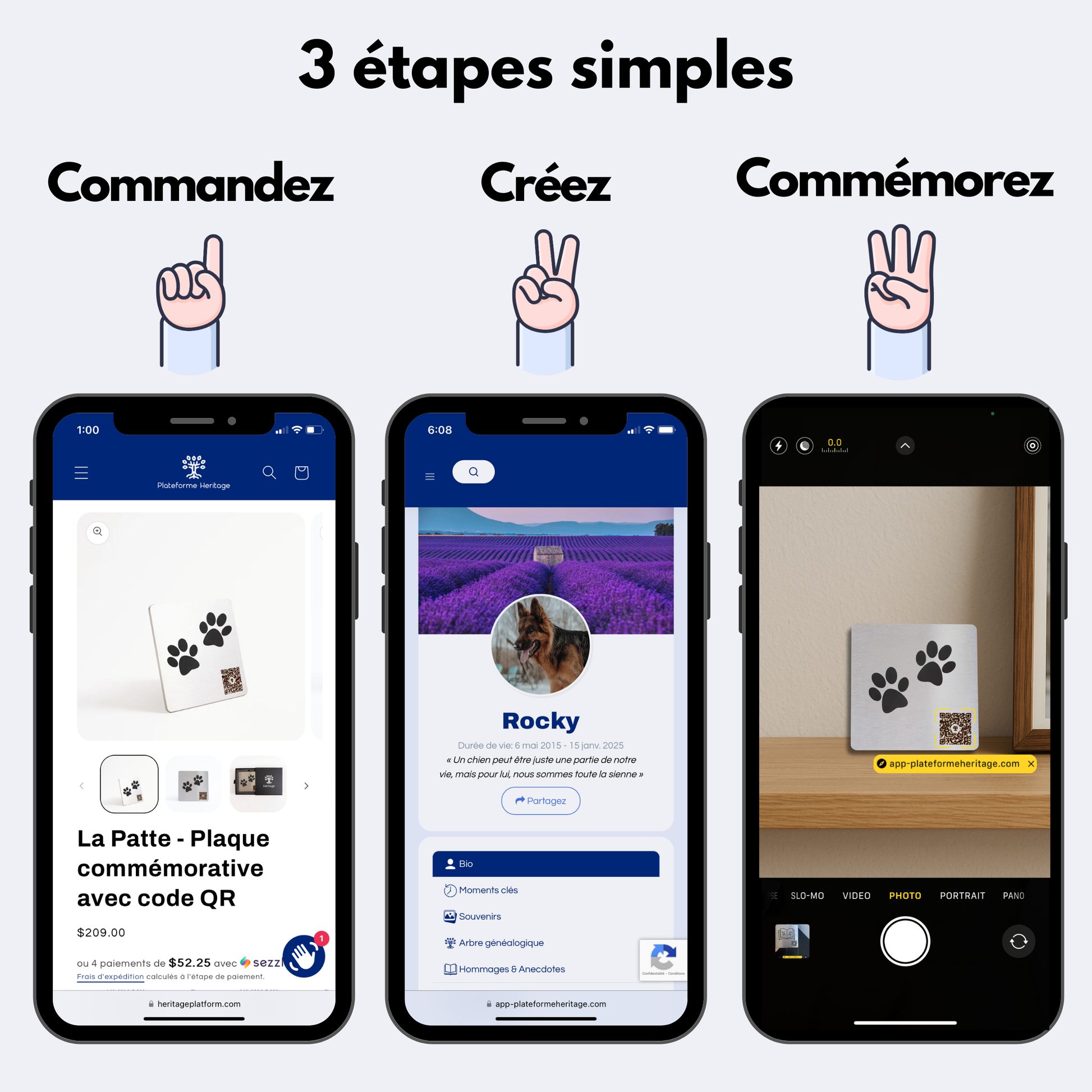 Infographie en 3 étapes simples pour commémorer un animal : commande d'une plaque funéraire avec code QR, création du profil en ligne, puis scan du code pour accéder aux souvenirs.