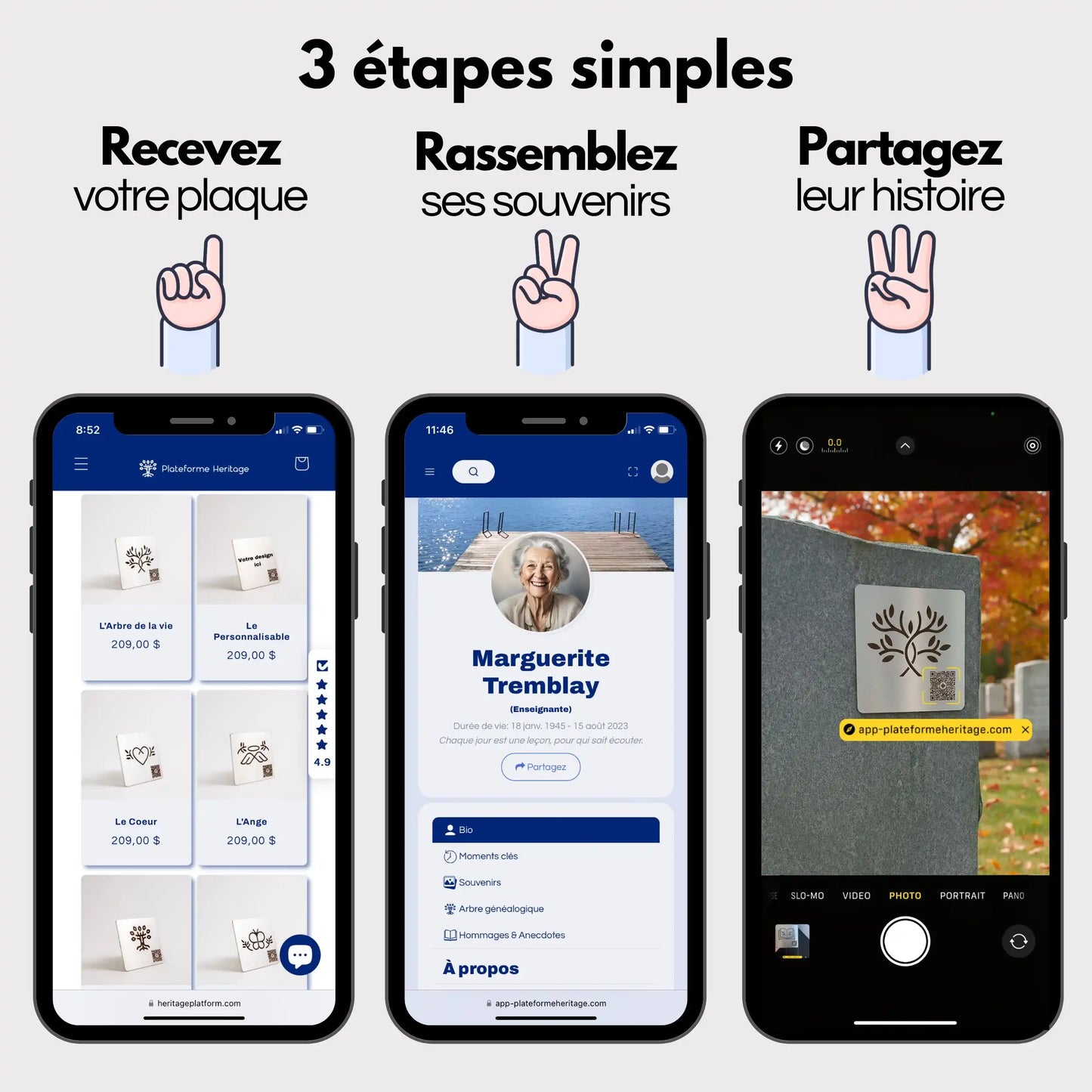Trois étapes simples pour créer un profil en ligne sur Plateforme Heritage: commander une plaque commémorative, créer un profil digital, puis coller la plaque sur une pierre tombale.