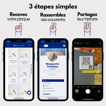 Trois étapes simples pour créer un profil en ligne sur Plateforme Heritage: commander une plaque commémorative, créer un profil digital, puis coller la plaque sur une pierre tombale.