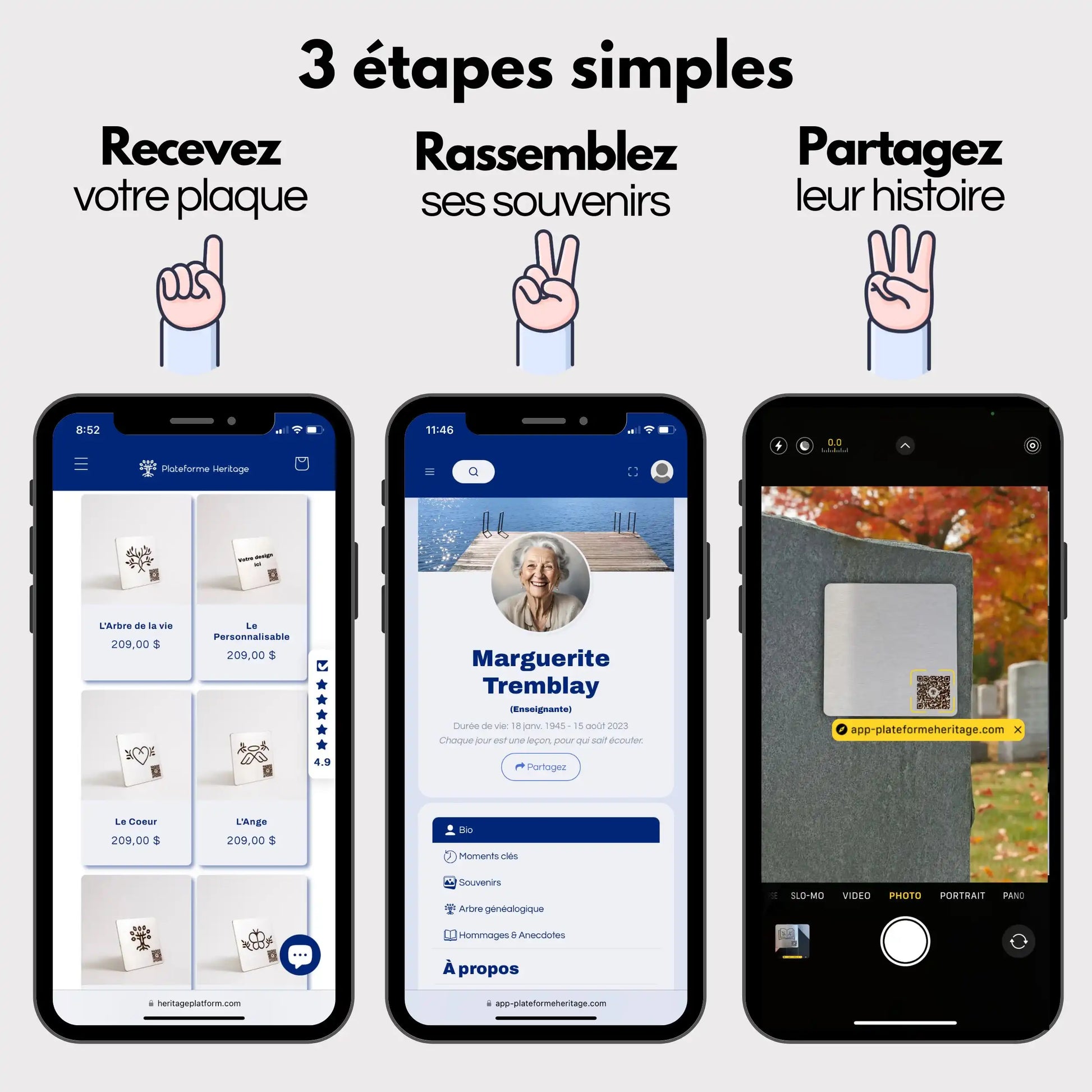 Trois étapes simples pour créer un profil en ligne sur Plateforme Heritage: commander une plaque commémorative, créer un profil digital, puis coller la plaque sur une pierre tombale.