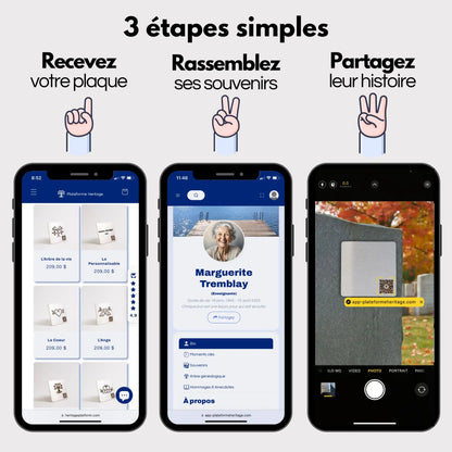 Trois étapes simples pour créer un profil en ligne sur Plateforme Heritage: commander une plaque commémorative, créer un profil digital, puis coller la plaque sur une pierre tombale.