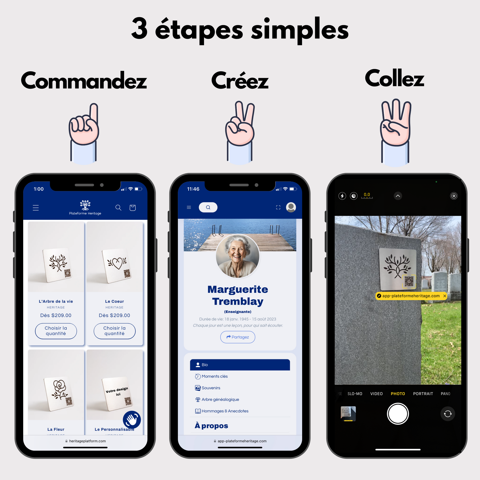Trois étapes simples pour créer un profil en ligne sur Plateforme Heritage: commander une plaque commémorative, créer un profil digital, puis coller la plaque sur une pierre tombale.
