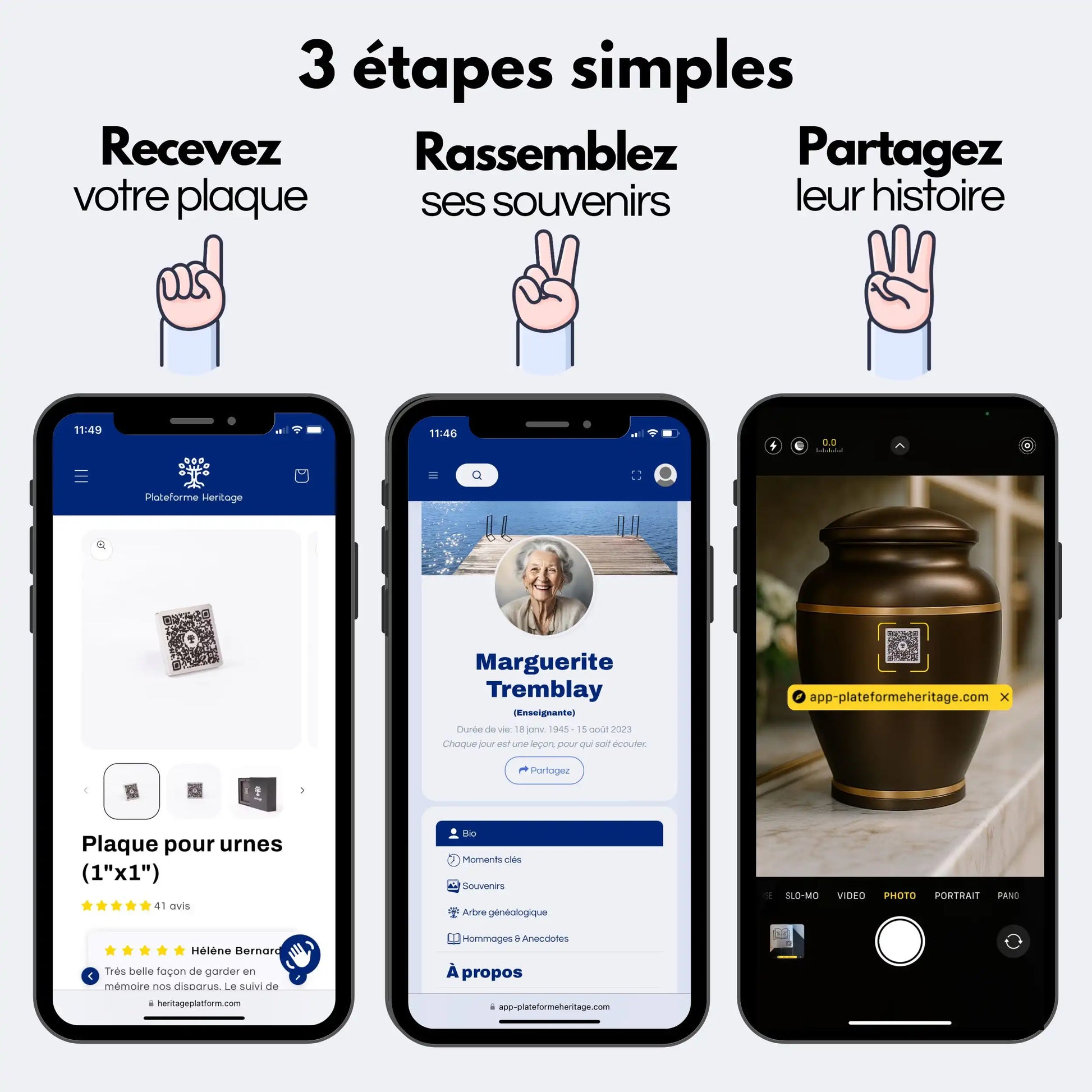Trois étapes simples pour utiliser la plaque QR Heritage : commandez en ligne, créez un profil hommage numérique, puis collez la plaque sur l’urne ou la pierre tombale.