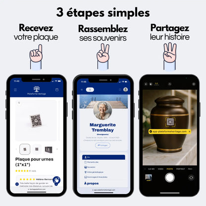 Trois étapes simples pour utiliser la plaque QR Heritage : commandez en ligne, créez un profil hommage numérique, puis collez la plaque sur l’urne ou la pierre tombale.