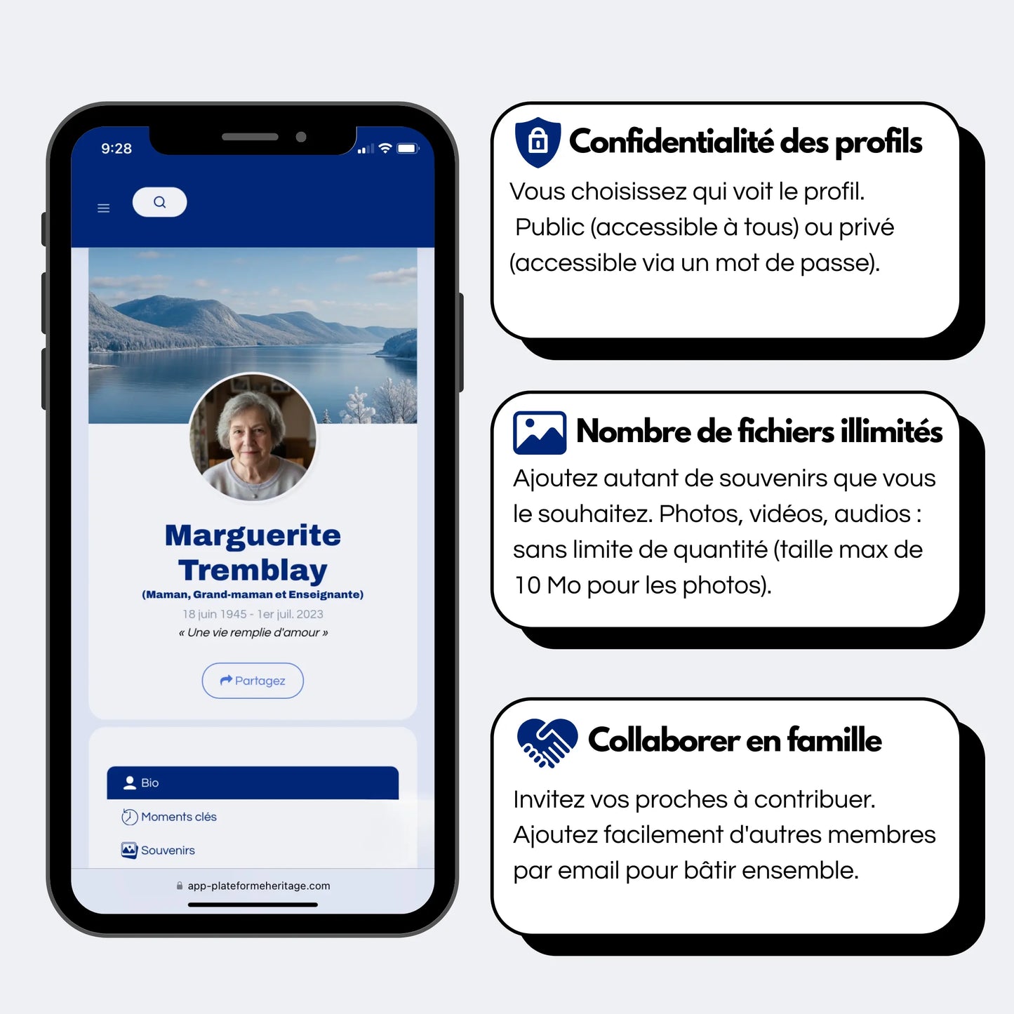 Aperçu du profil commémoratif sur la Plateforme Heritage, avec options de confidentialité, stockage illimité de souvenirs, et collaboration familiale.
