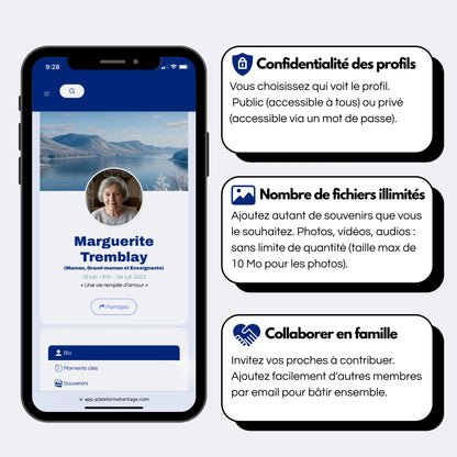 Aperçu du profil commémoratif sur la Plateforme Heritage, avec options de confidentialité, stockage illimité de souvenirs, et collaboration familiale.