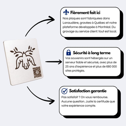 Gravure d’une colombe avec feuilles sur plaque en métal, QR code inclus. Description de l’hébergement sécurisé, de la fabrication québécoise et de la garantie client.