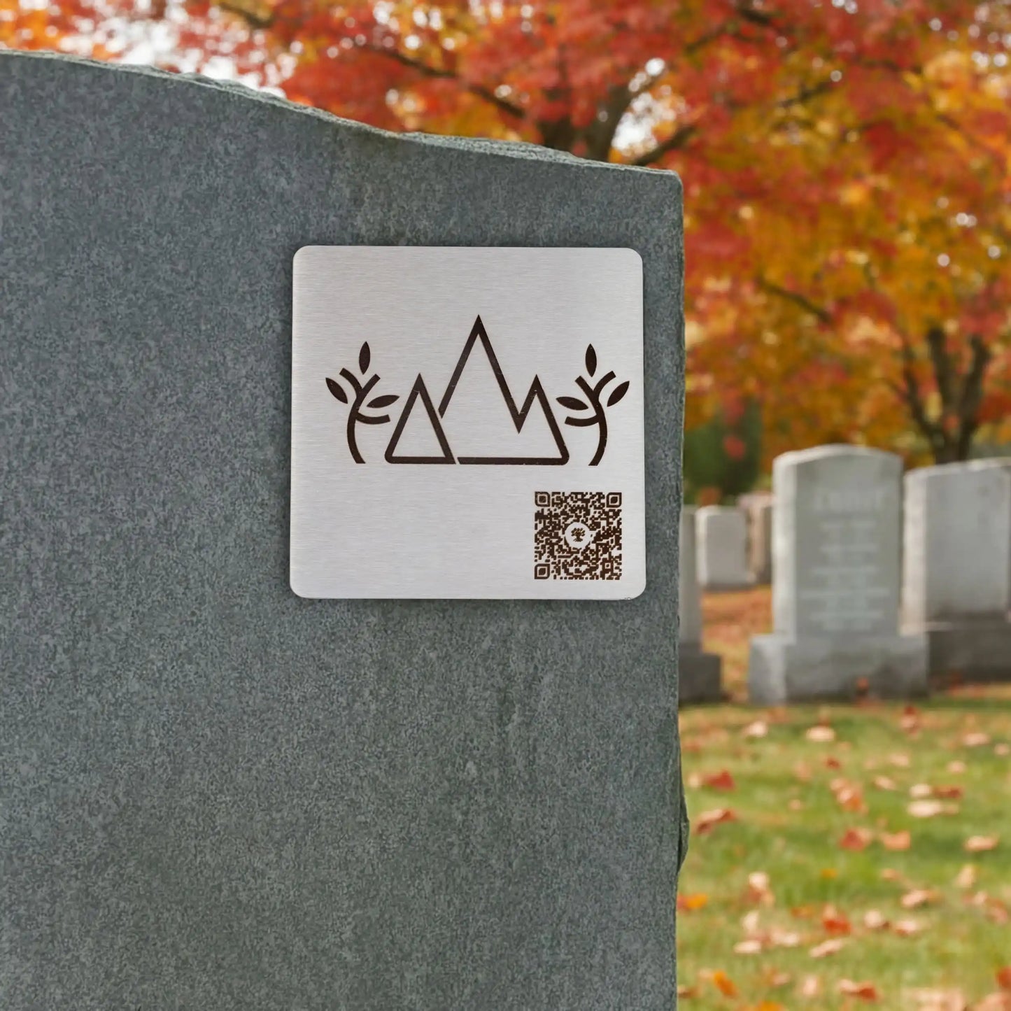 Photo de la plaque La Montagne (plaque commémorative avec un code QR), collée sur une pierre tombale.