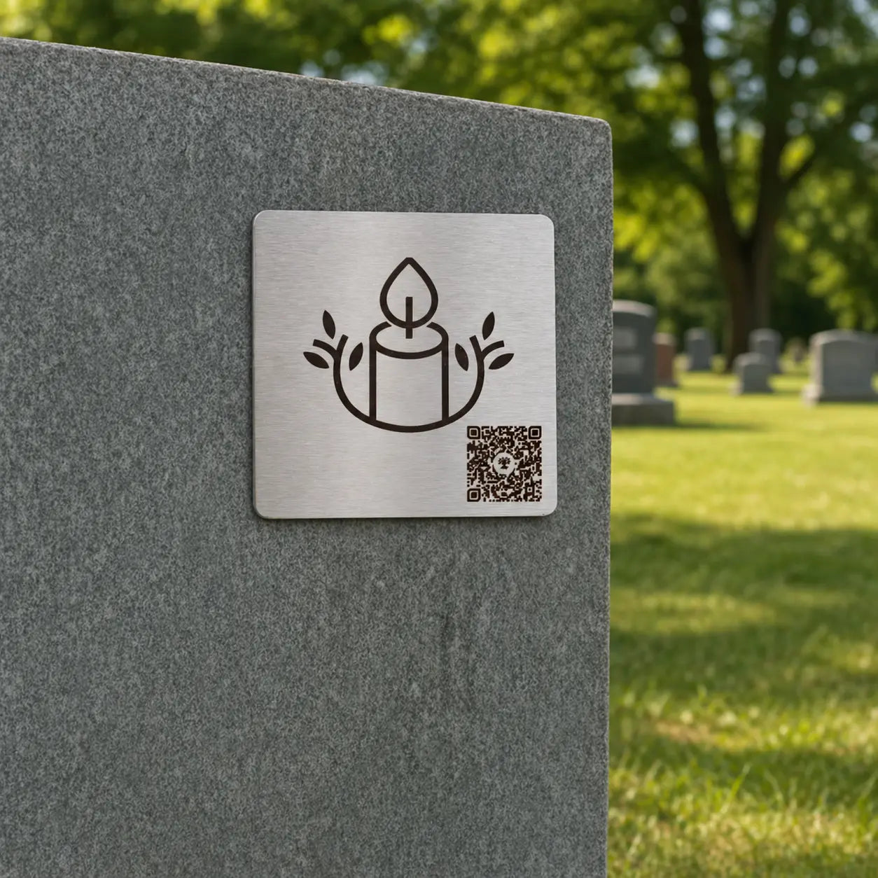 Photo de la plaque commémorative Héritage avec code QR « La Chandelle », sur une pierre tombale