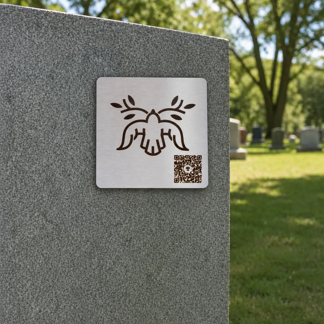 Photo de la plaque commémorative Héritage avec code QR « La Colombe », sur une pierre tombale
