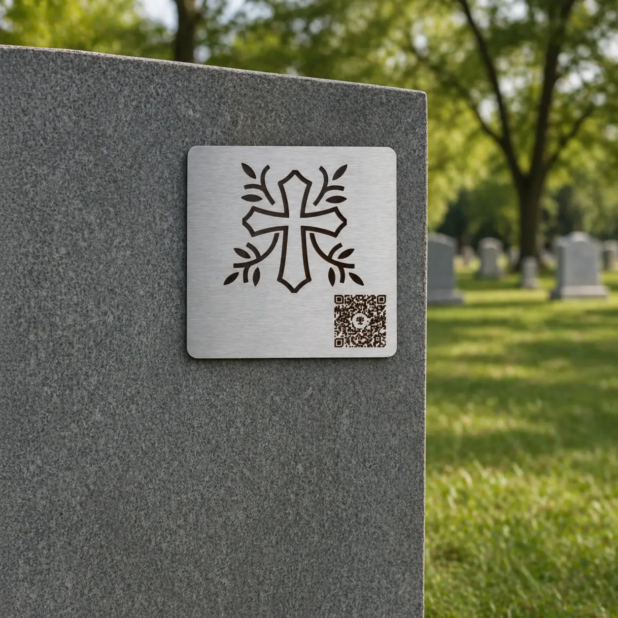 Photo de la plaque commémorative Héritage avec code QR « La Croix », sur une pierre tombale