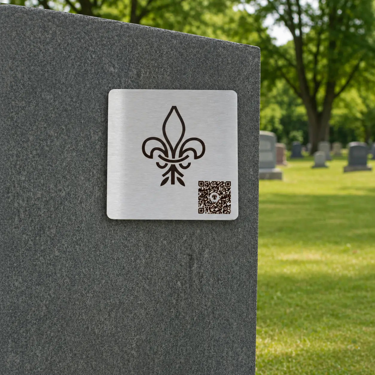 Photo de la plaque commémorative Héritage avec code QR « La Fleur de Lys », sur une pierre tombale