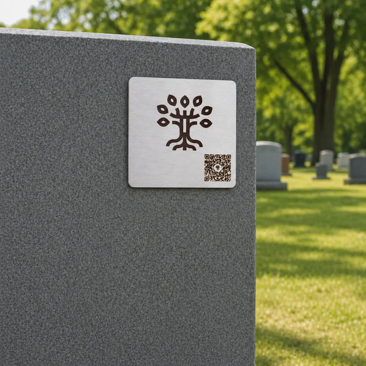 Photo de la plaque commémorative Héritage avec code QR « Le Recueil », sur une pierre tombale