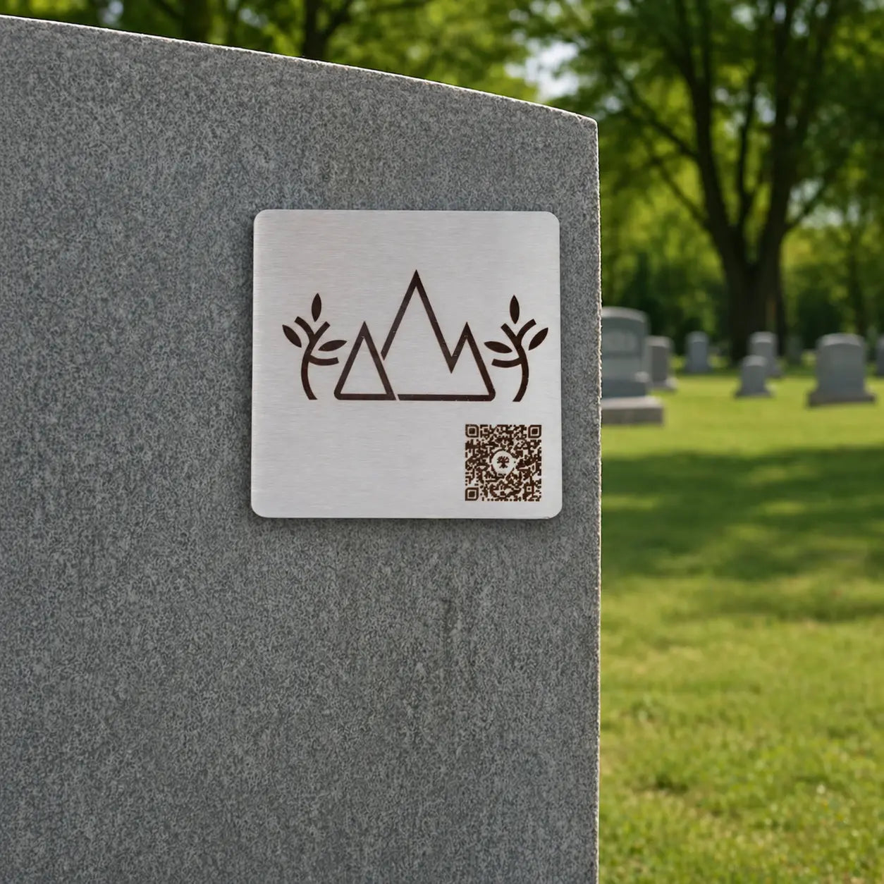 Photo de la plaque commémorative Héritage avec code QR « La Montagne », sur une pierre tombale