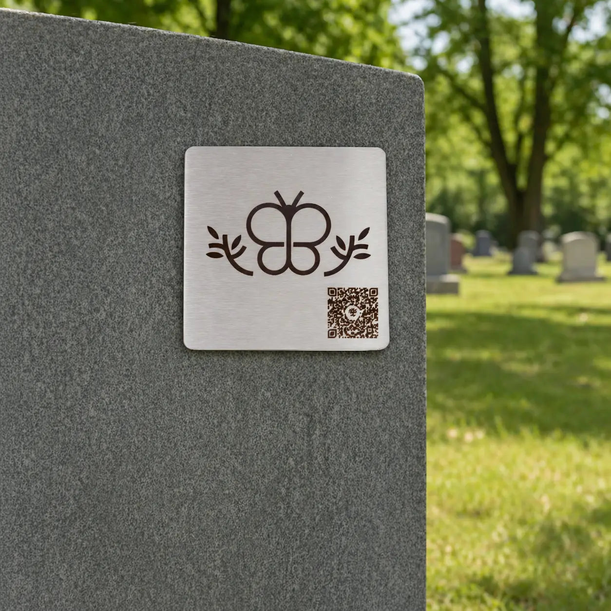 Photo de la plaque commémorative Héritage avec code QR « Le Papillon », sur une pierre tombale