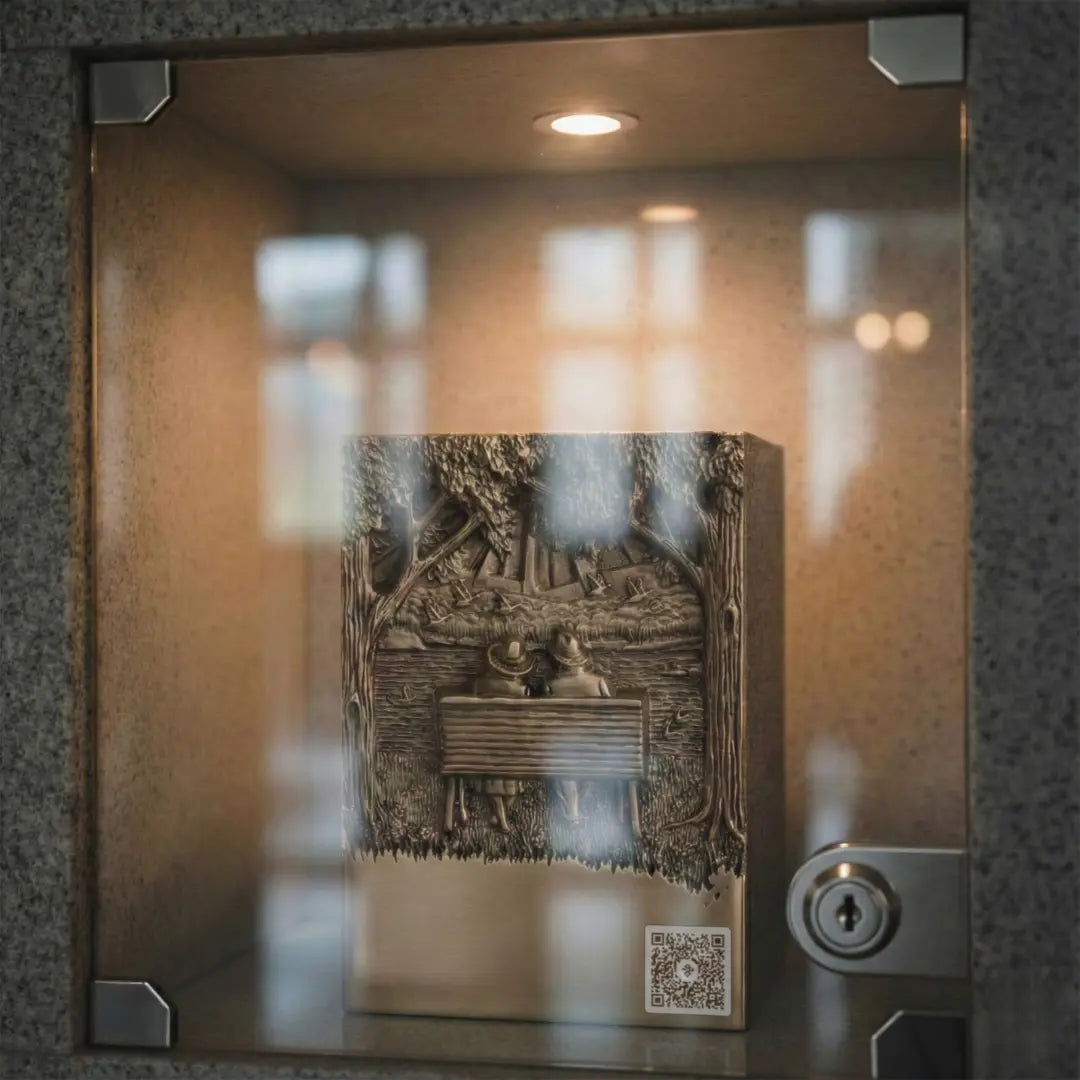 Photo d'une plaque heritage 1"x1" sur une urne, dans un colombarium