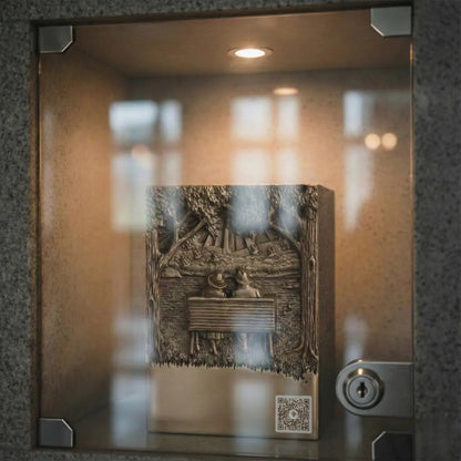 Photo d'une plaque heritage 1"x1" sur une urne, dans un colombarium