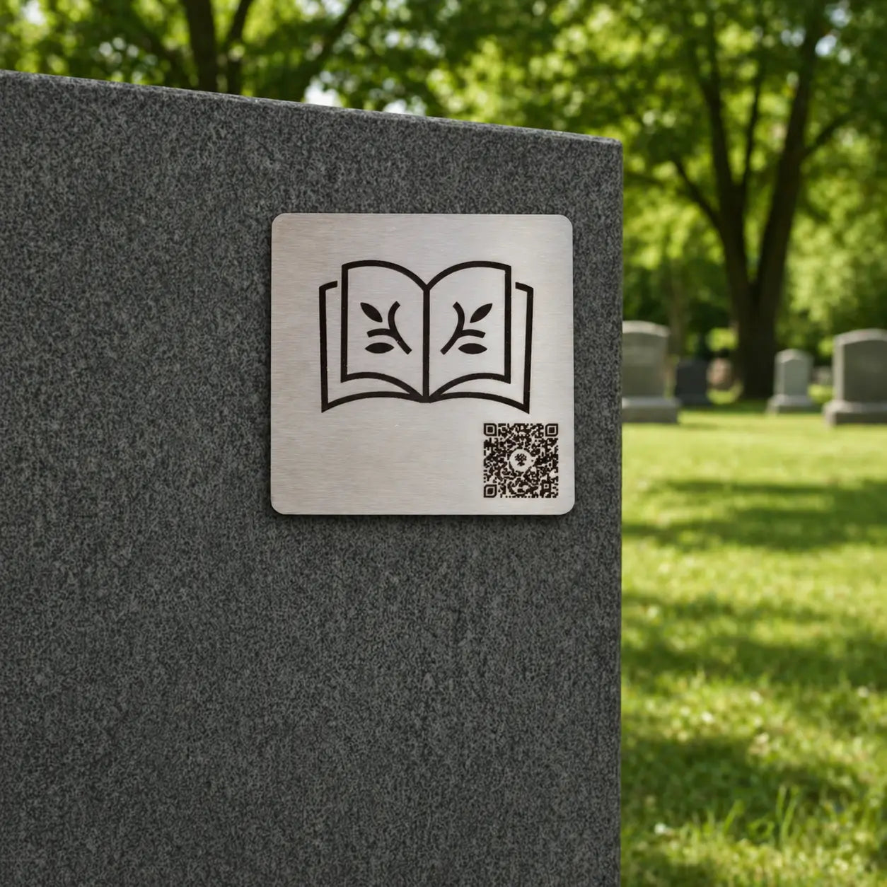 Photo de la plaque commémorative Héritage avec code QR « Le Recueil », sur une pierre tombale