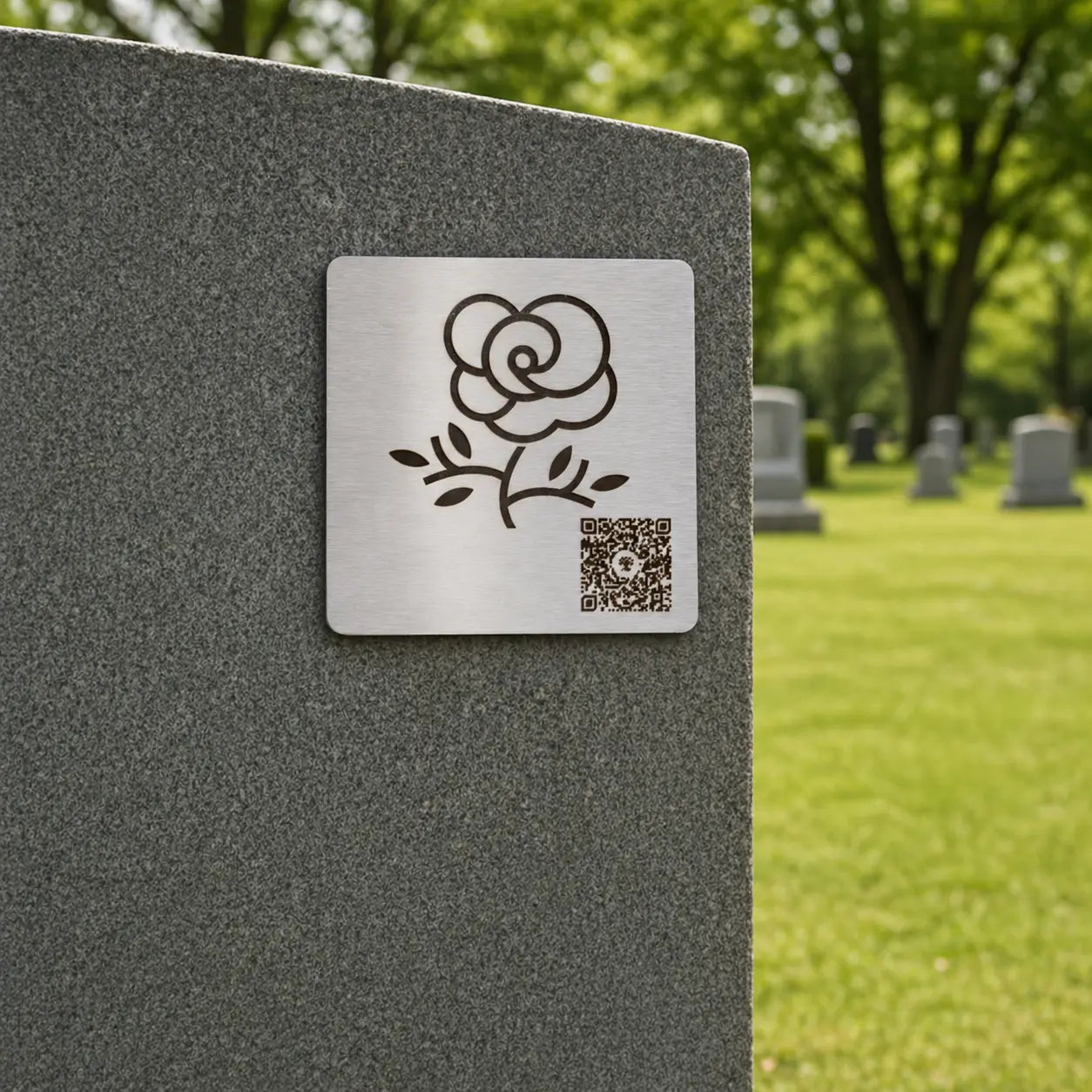 Photo de la plaque commémorative Héritage avec code QR « La Rose », sur une pierre tombale