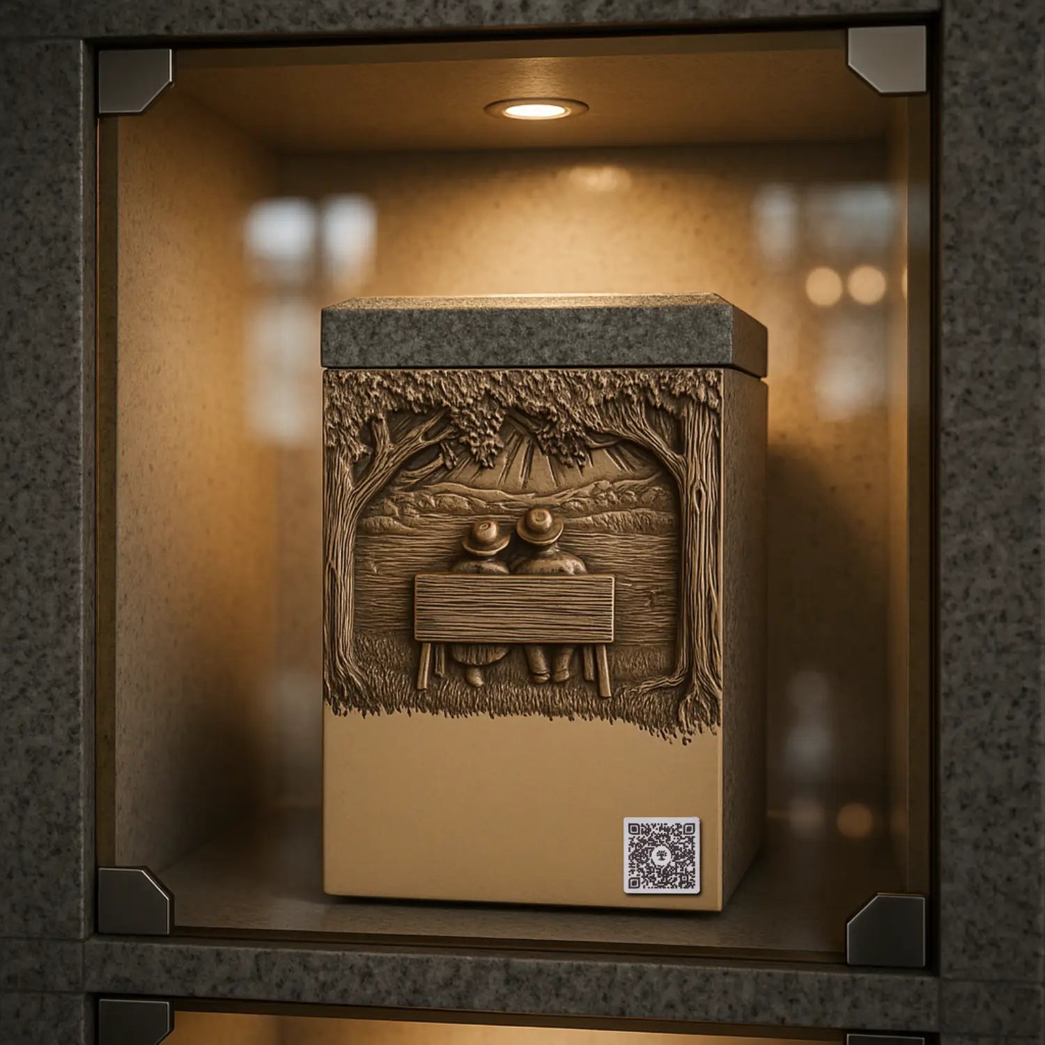 plaque heritge 1"x1" pour urnes collé sur une urne dans un colombarium
