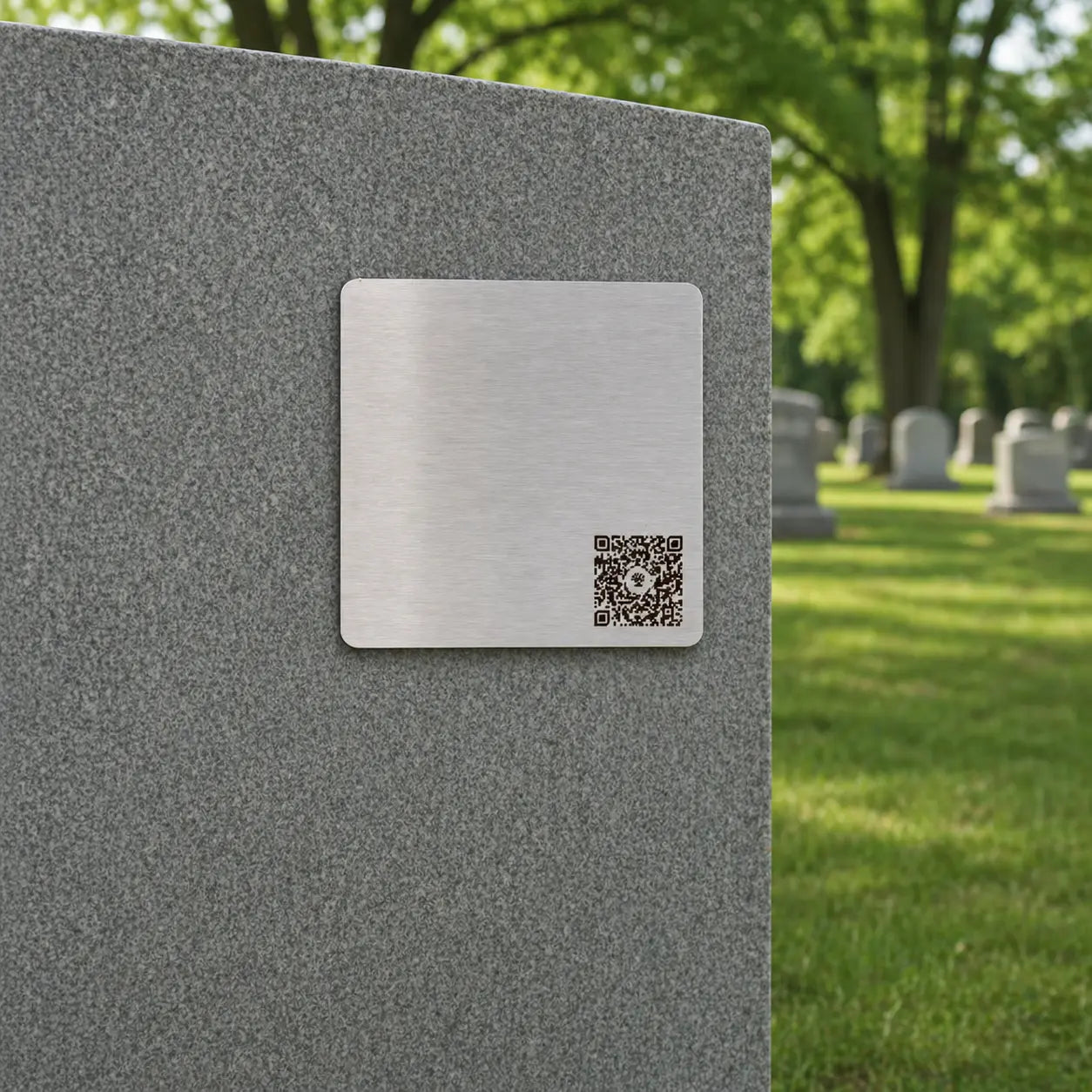 Photo de la plaque commémorative Héritage avec code QR « La Personnalisable », sur une pierre tombale