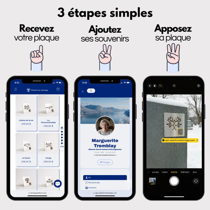 Trois étapes simples pour créer un profil en ligne sur Plateforme Heritage: commander une plaque commémorative, créer un profil digital, puis coller la plaque sur une pierre tombale.