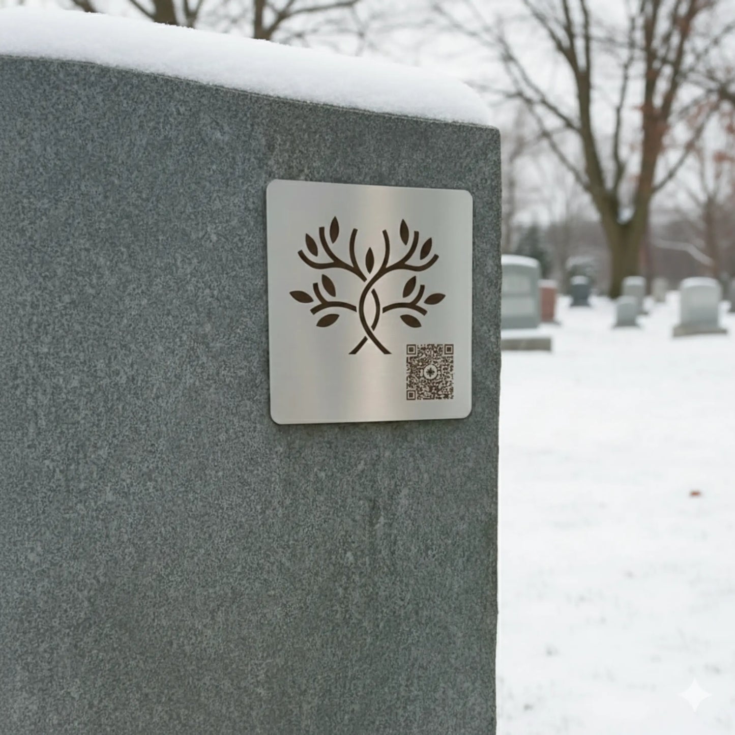 Une plaque commemorative avec code QR collée sur une pierre tombale