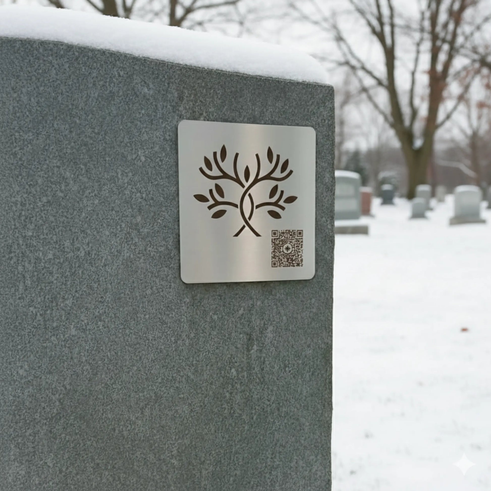 Une plaque commemorative avec code QR collée sur une pierre tombale