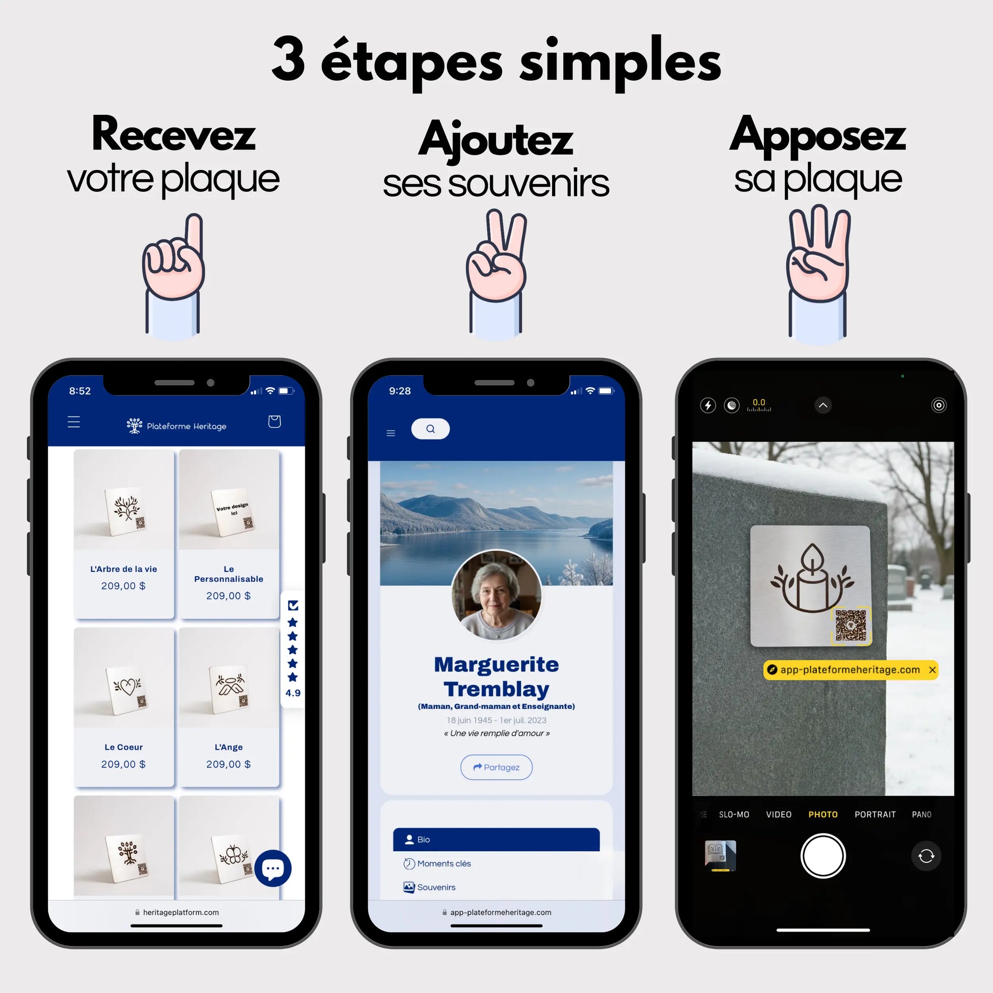 Trois étapes simples pour créer un profil en ligne sur Plateforme Heritage: commander une plaque commémorative, créer un profil digital, puis coller la plaque sur une pierre tombale.