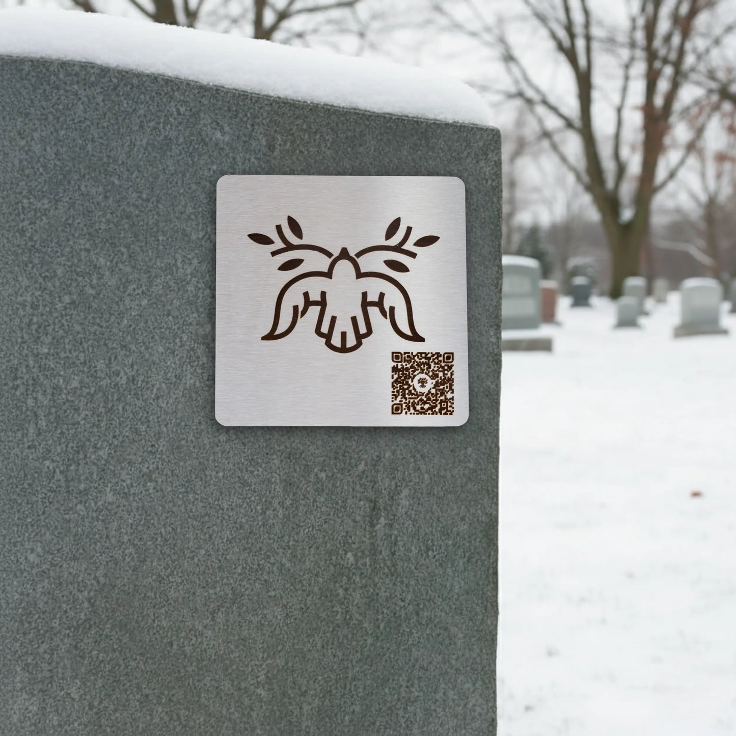 Photo de la plaque La Colombe (plaque commémorative avec un code QR), collée sur une pierre tombale.