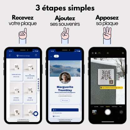 Trois étapes simples pour créer un profil en ligne sur Plateforme Heritage: commander une plaque commémorative, créer un profil digital, puis coller la plaque sur une pierre tombale.