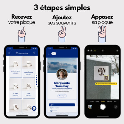 Trois étapes simples pour créer un profil en ligne sur Plateforme Heritage: commander une plaque commémorative, créer un profil digital, puis coller la plaque sur une pierre tombale.