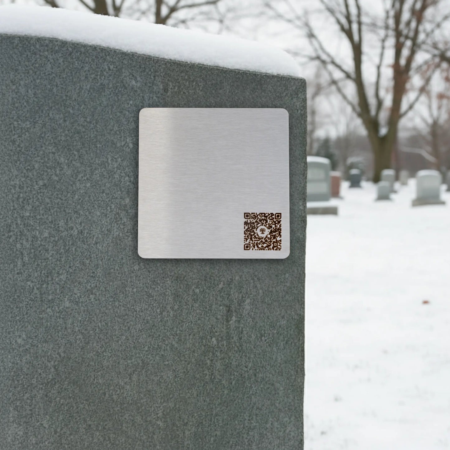 Photo de la plaque La Personnalisable (plaque commémorative avec un code QR), collée sur une pierre tombale.
