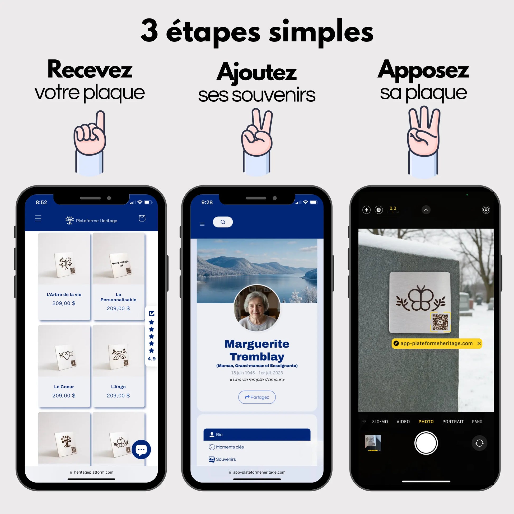 Trois étapes simples pour créer un profil en ligne sur Plateforme Heritage: commander une plaque commémorative, créer un profil digital, puis coller la plaque sur une pierre tombale.