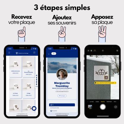 Trois étapes simples pour créer un profil en ligne sur Plateforme Heritage: commander une plaque commémorative, créer un profil digital, puis coller la plaque sur une pierre tombale.