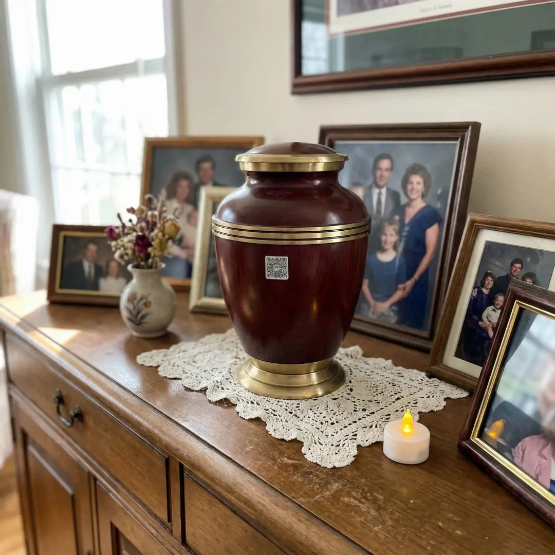 Photo lifestyle d'une plaque heritage 1"x1" avec code qr sur une urne brune, dans un salon, avec des cadres en arrière plan