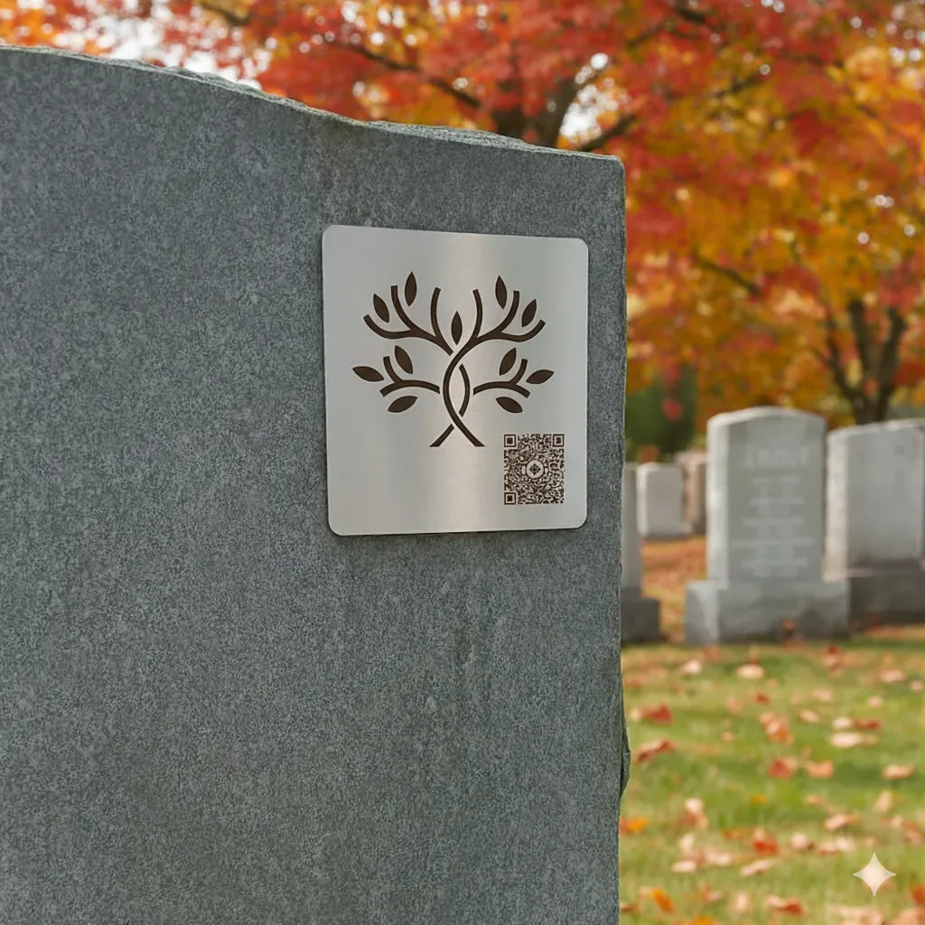 Une plaque commemorative avec code QR collée sur une pierre tombale