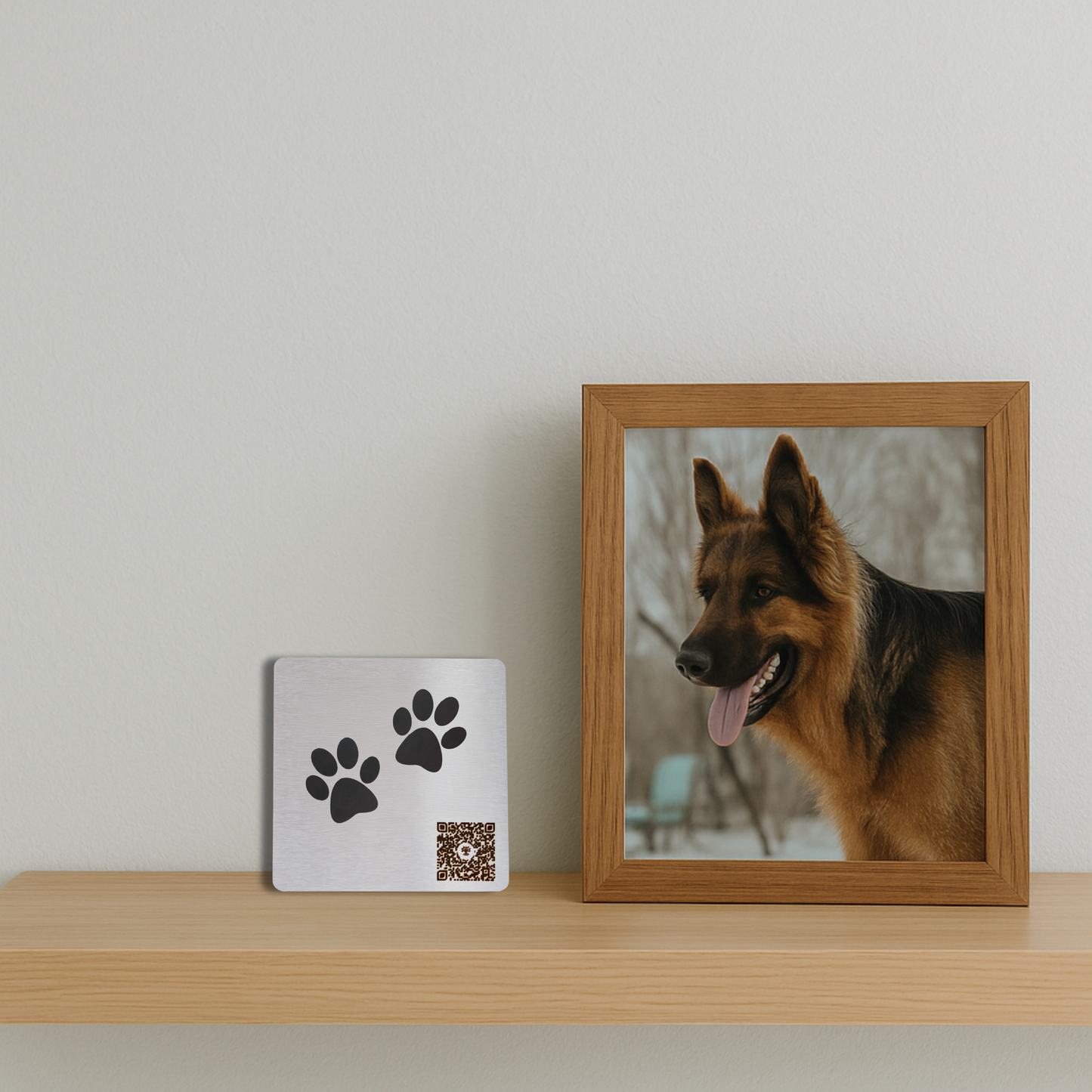 Plaque commémorative en acier inoxydable pour animal avec code QR gravé, posée sur une tablette à côté d’un cadre photo de chien. Idéal pour hommage à domicile. Design élégant avec pattes gravées.