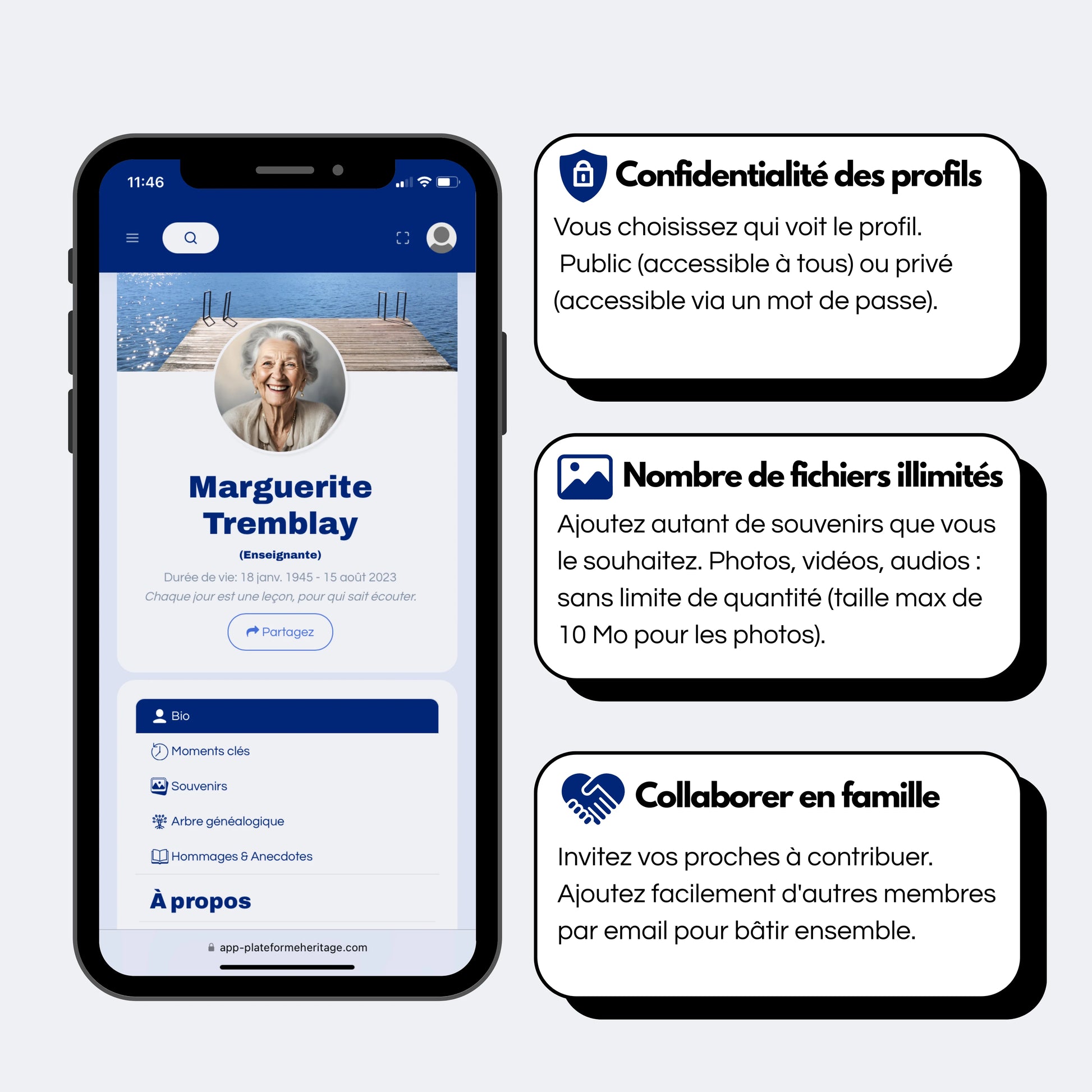 Aperçu du profil commémoratif sur la Plateforme Heritage, avec options de confidentialité, stockage illimité de souvenirs, et collaboration familiale.