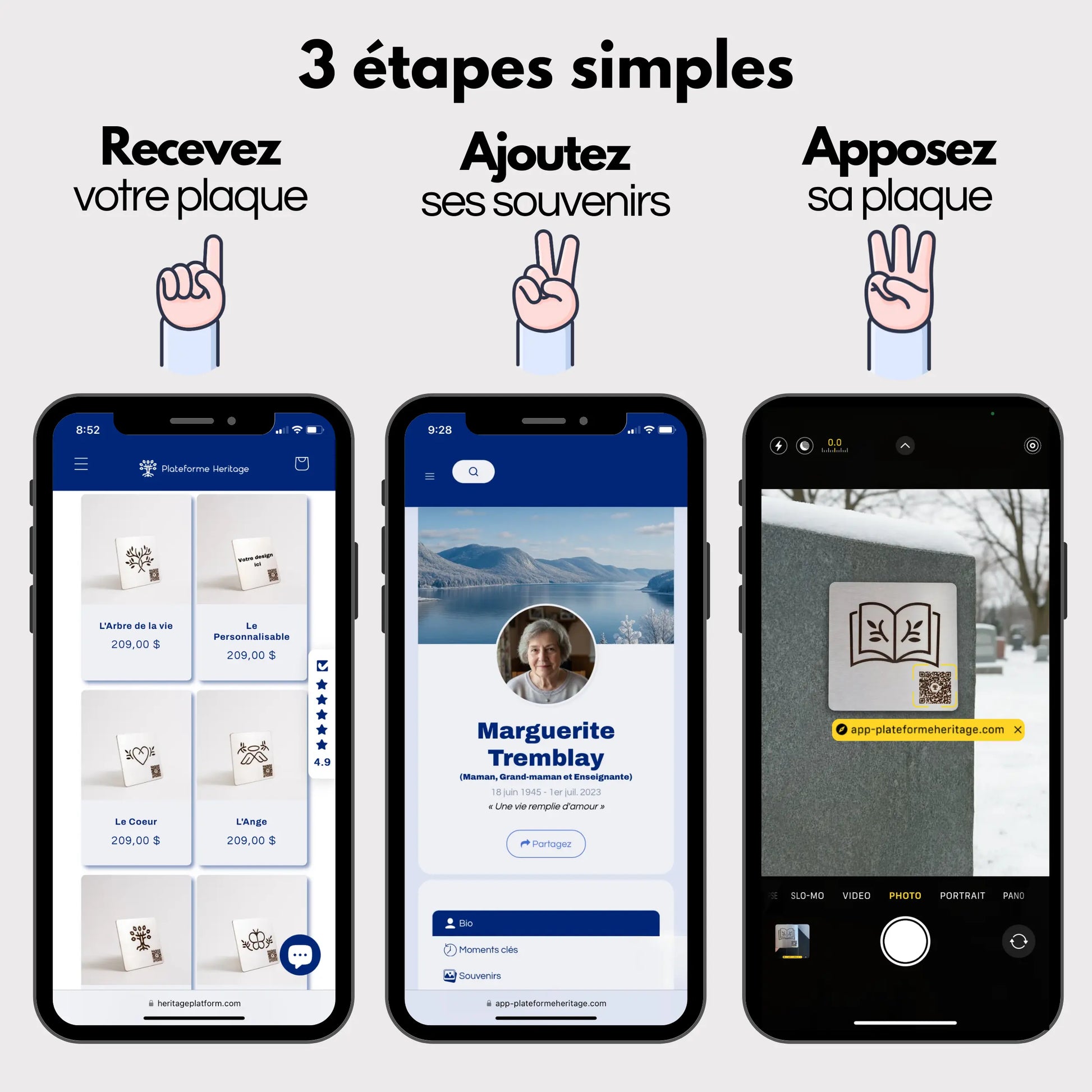 Trois étapes simples pour créer un profil en ligne sur Plateforme Heritage: commander une plaque commémorative, créer un profil digital, puis coller la plaque sur une pierre tombale.