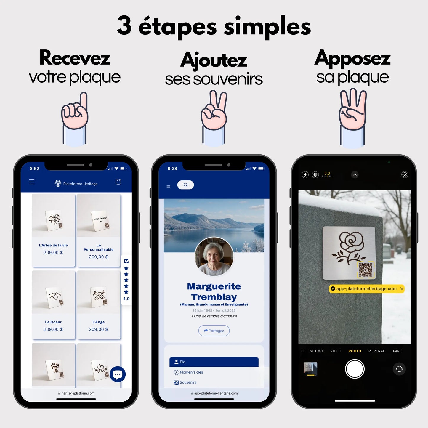 Trois étapes simples pour créer un profil en ligne sur Plateforme Heritage: commander une plaque commémorative, créer un profil digital, puis coller la plaque sur une pierre tombale.