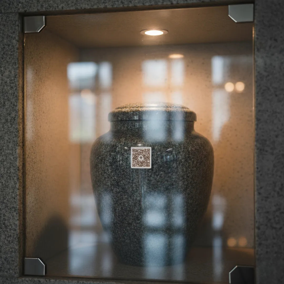 Photo d'une plaque heritage 1"x1" sur une urne, dans un colombarium